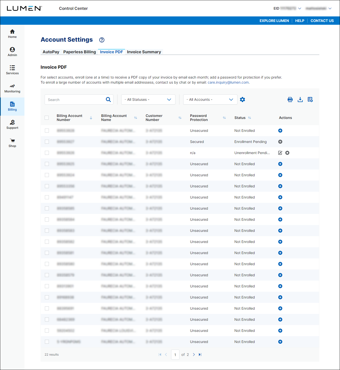 Account Settings (showing Invoice PDF tab)