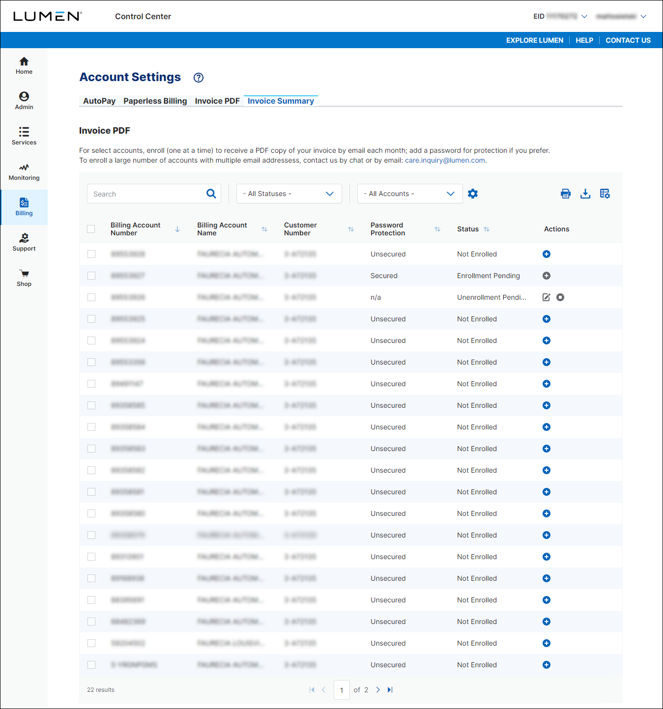 Account Settings (showing Invoice Summary tab)