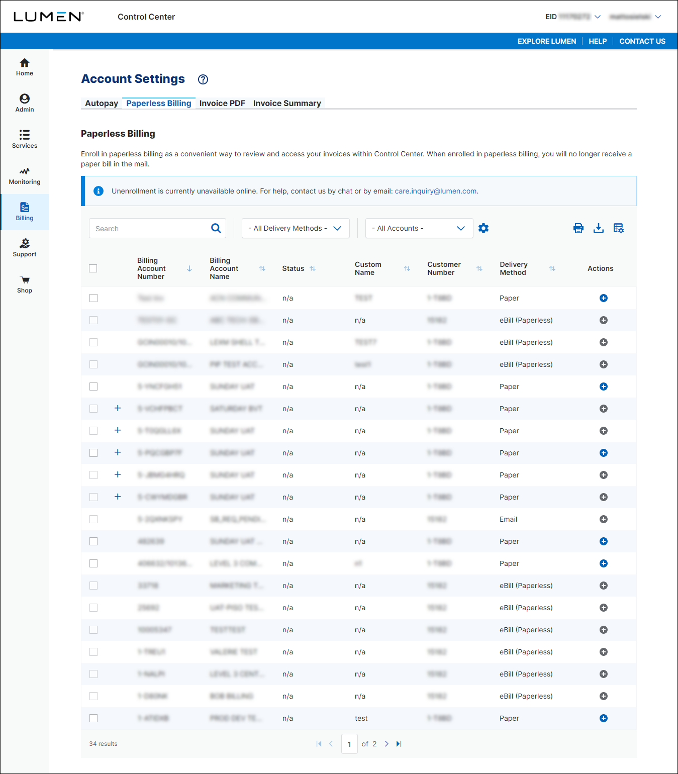 Account Settings (showing Paperless Billing tab)