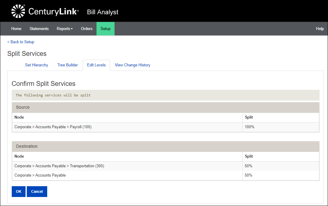 Split Services (showing Confirm Split Services)