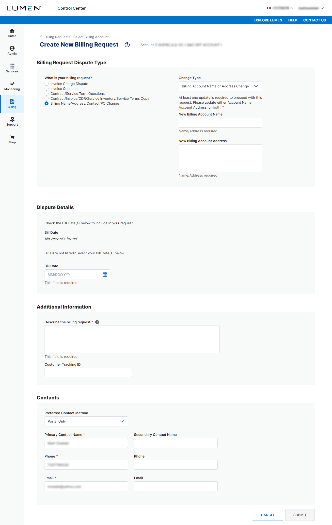 Create New Billing Request (after selecting Billing Name/Address/Contract/PO Change)