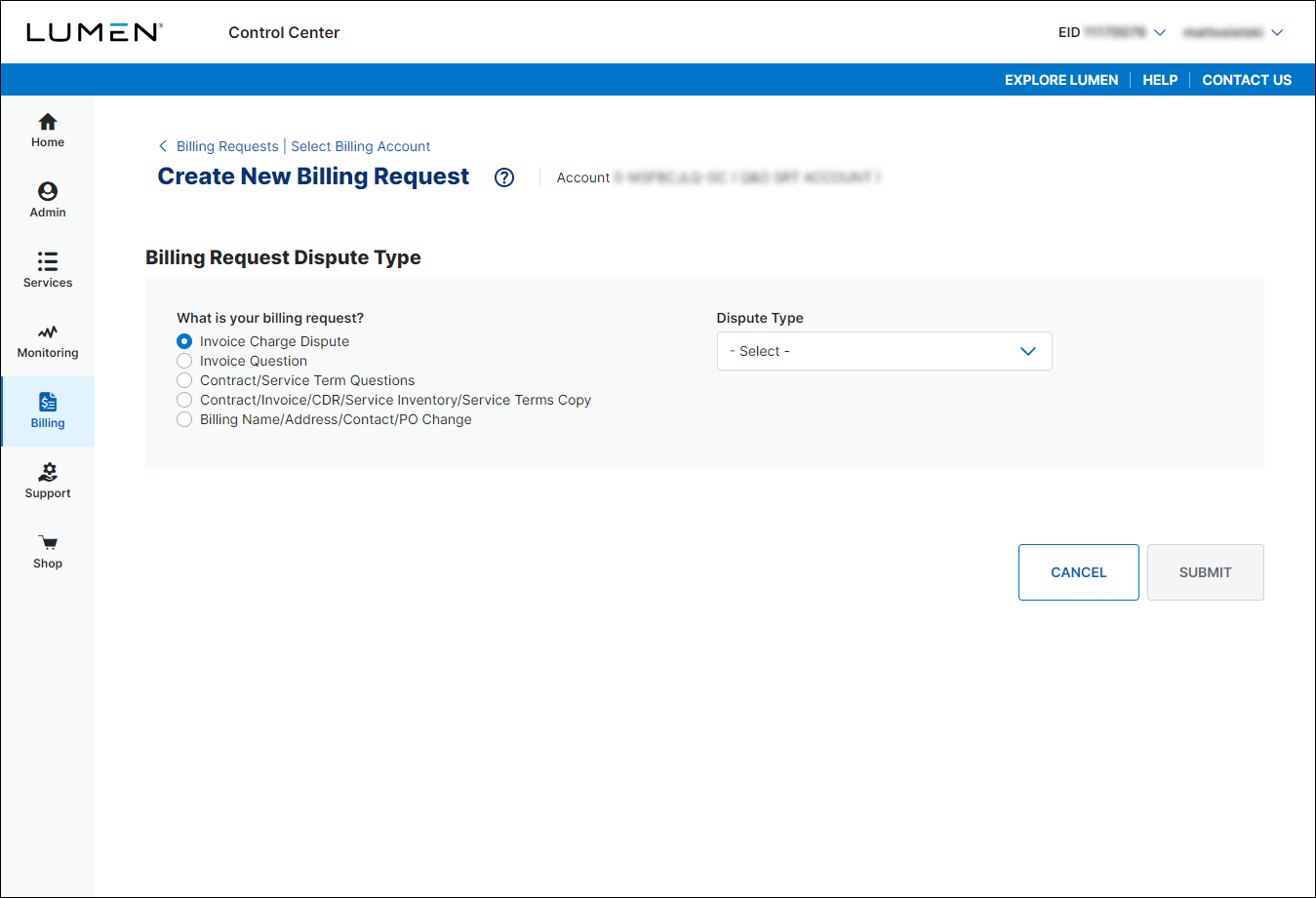 Create New Billing Request (showing billing request dispute types)