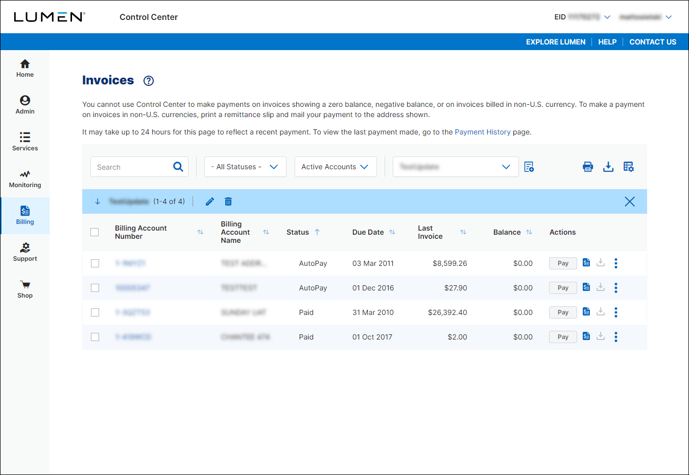 Invoices (showing billing group selected)