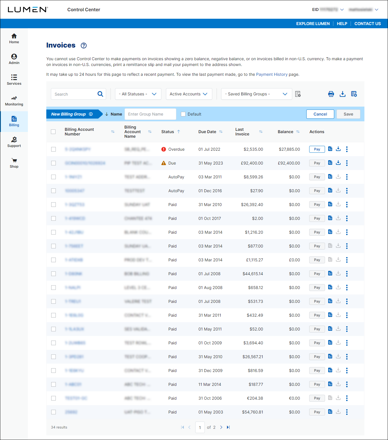 Invoices (showing new billing group)