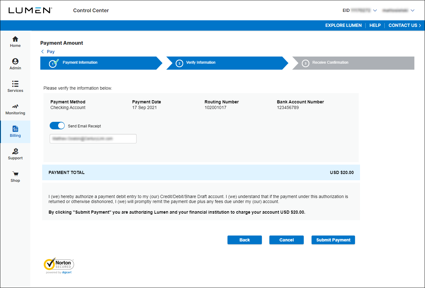 Payment Amount (showing Verify Information tab)