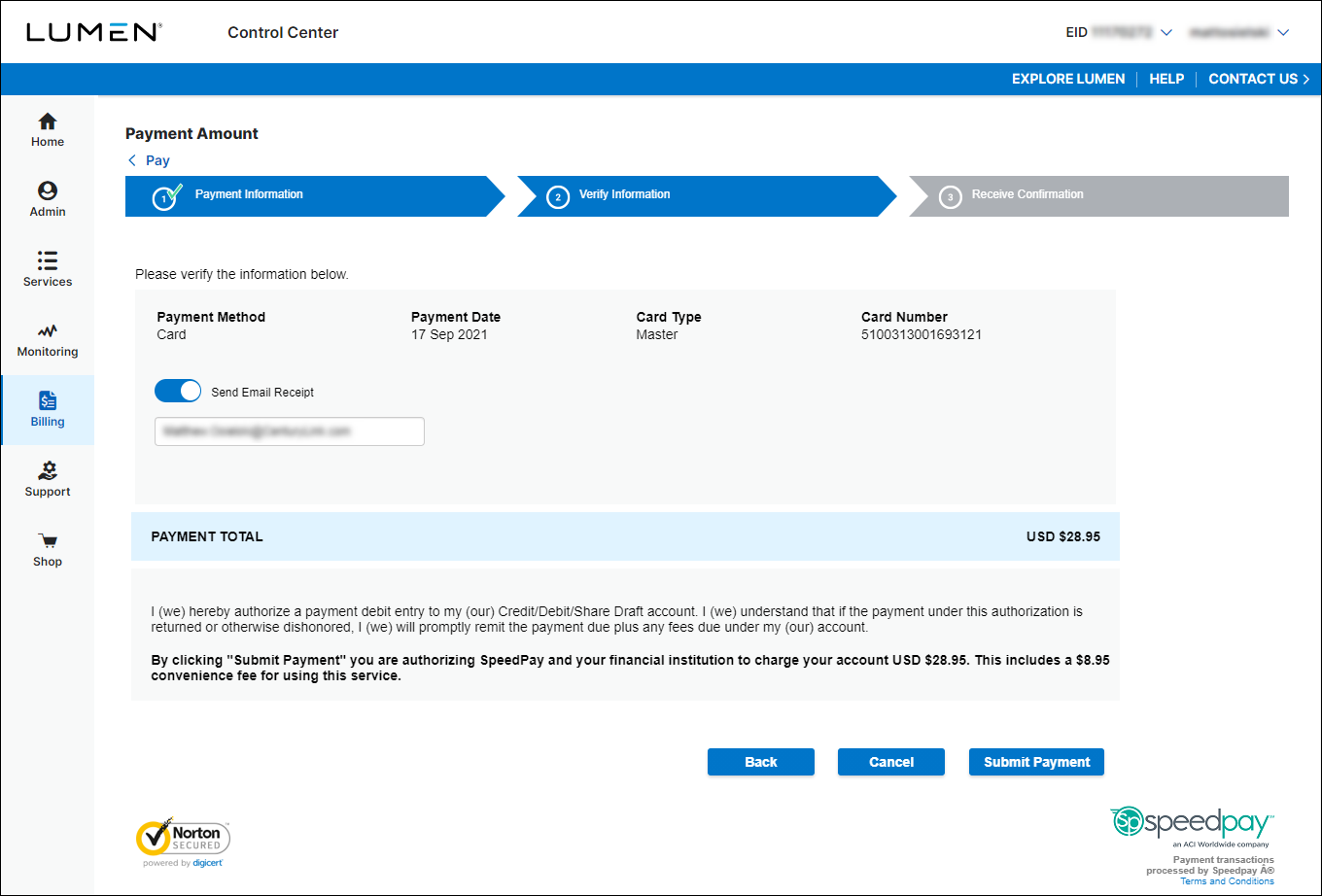 Payment Amount (showing Verify Information tab)