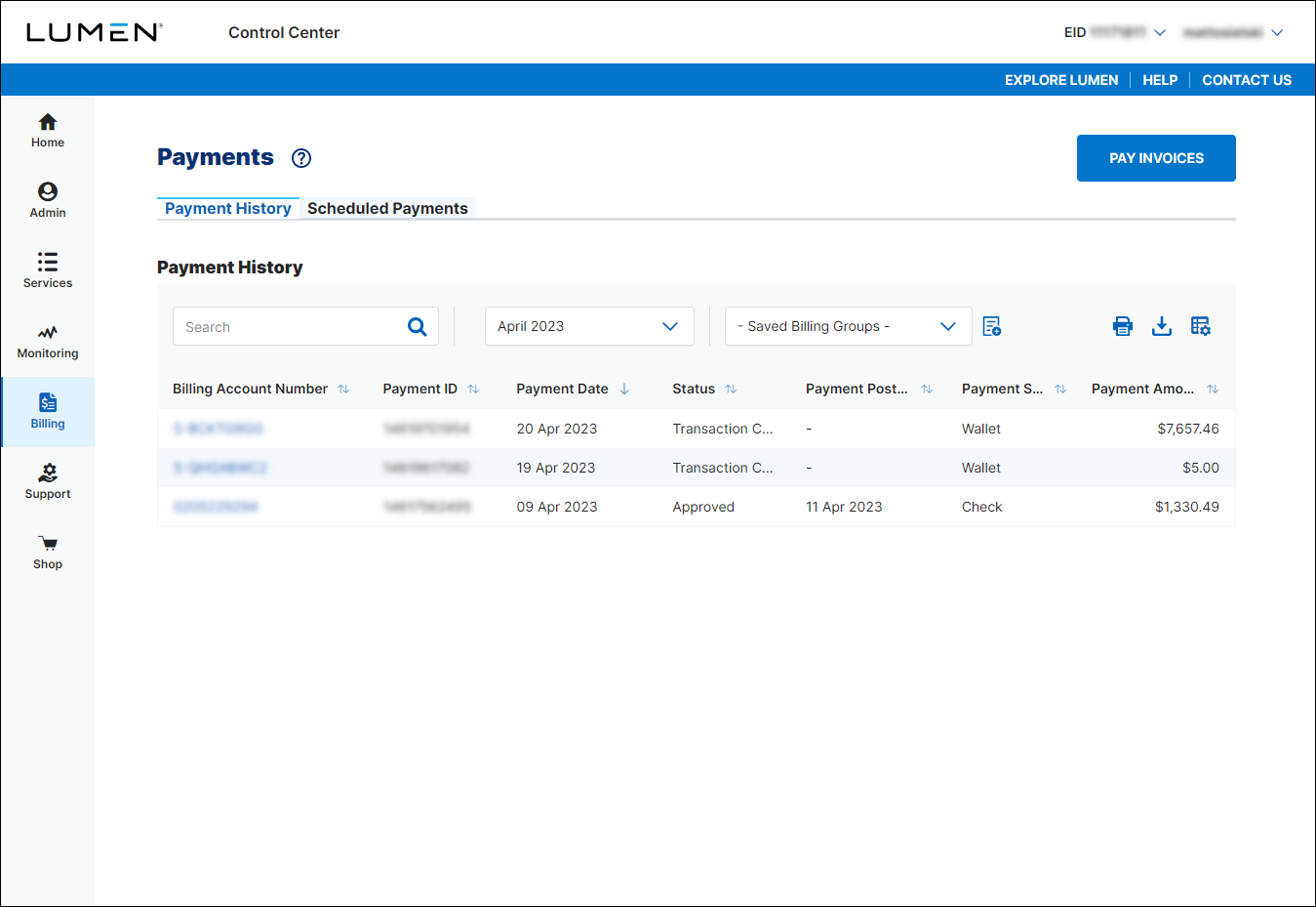 Payments (showing Payment History tab)