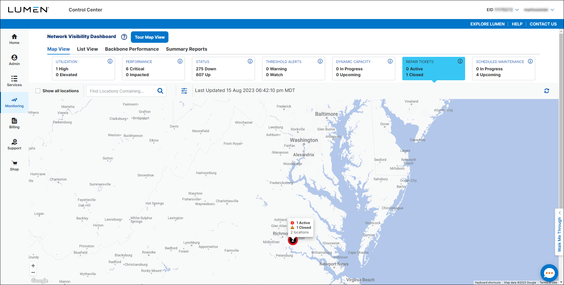 Network Visibility (showing Repair Tickets tile)