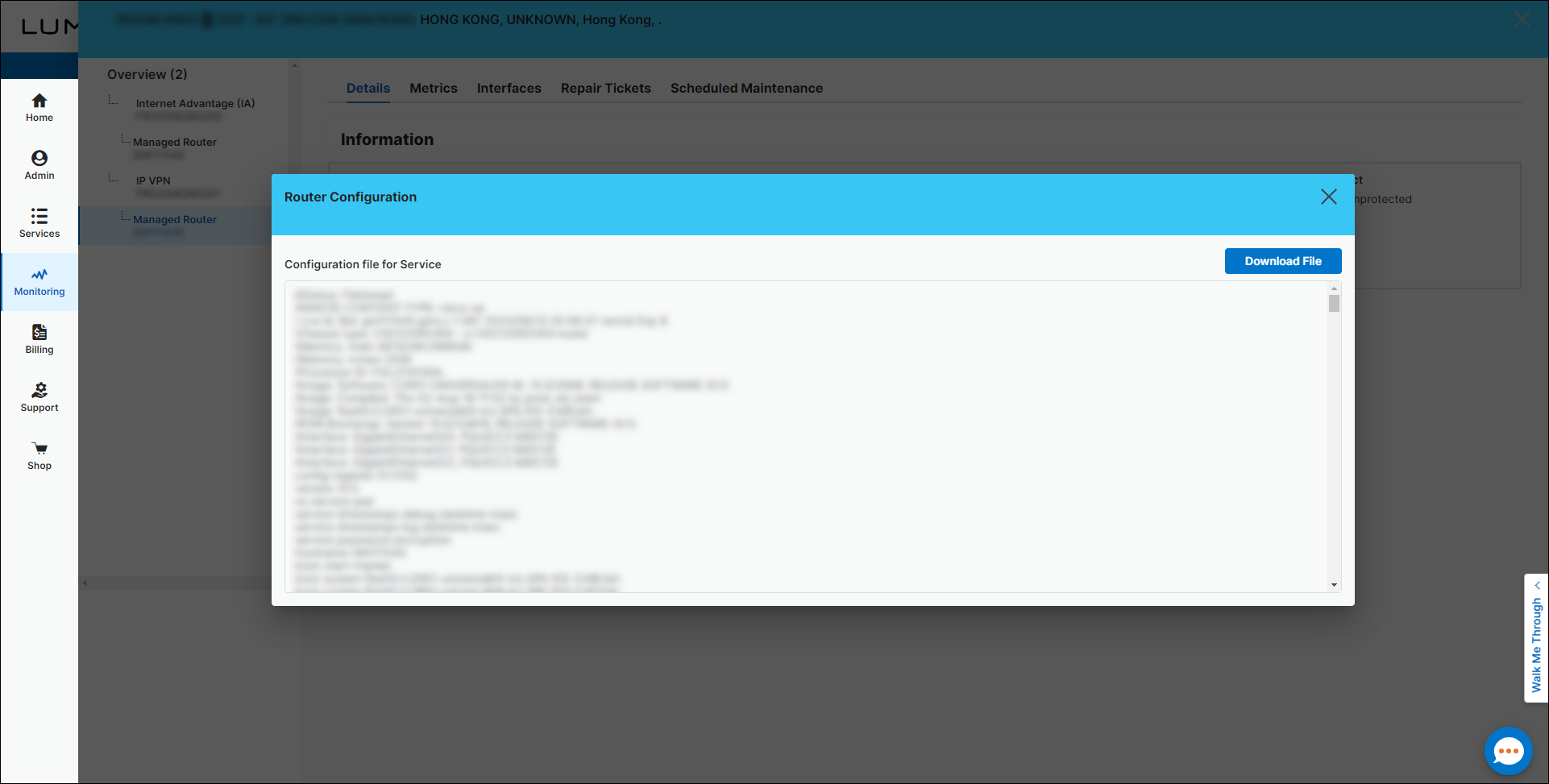 Network Visibility (showing the router configuration tab for a managed router)