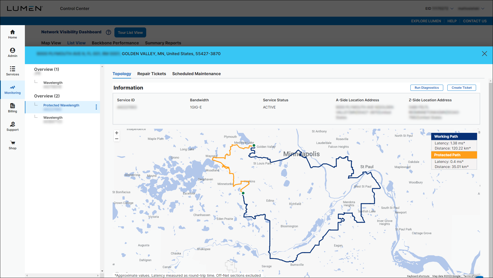 Network Visibility (showing the Topology tab for a protected wavelength service)