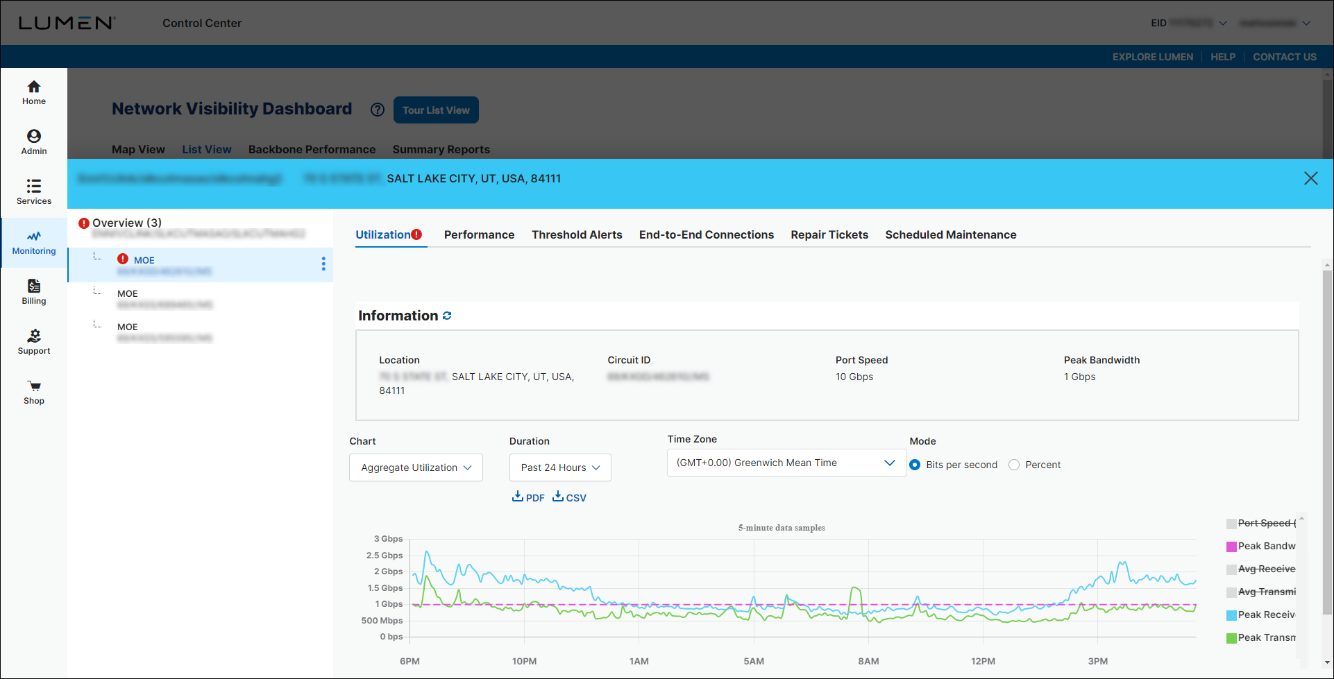 Network Visibility (showing Utilization tab for a service)