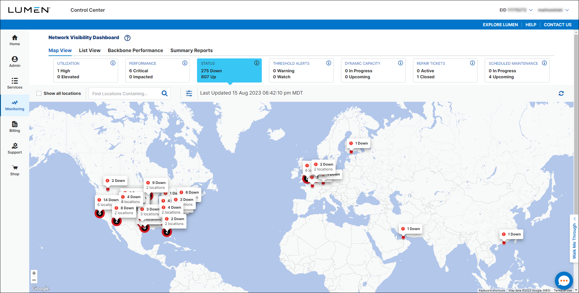 Network Visibility (showing Status tile)