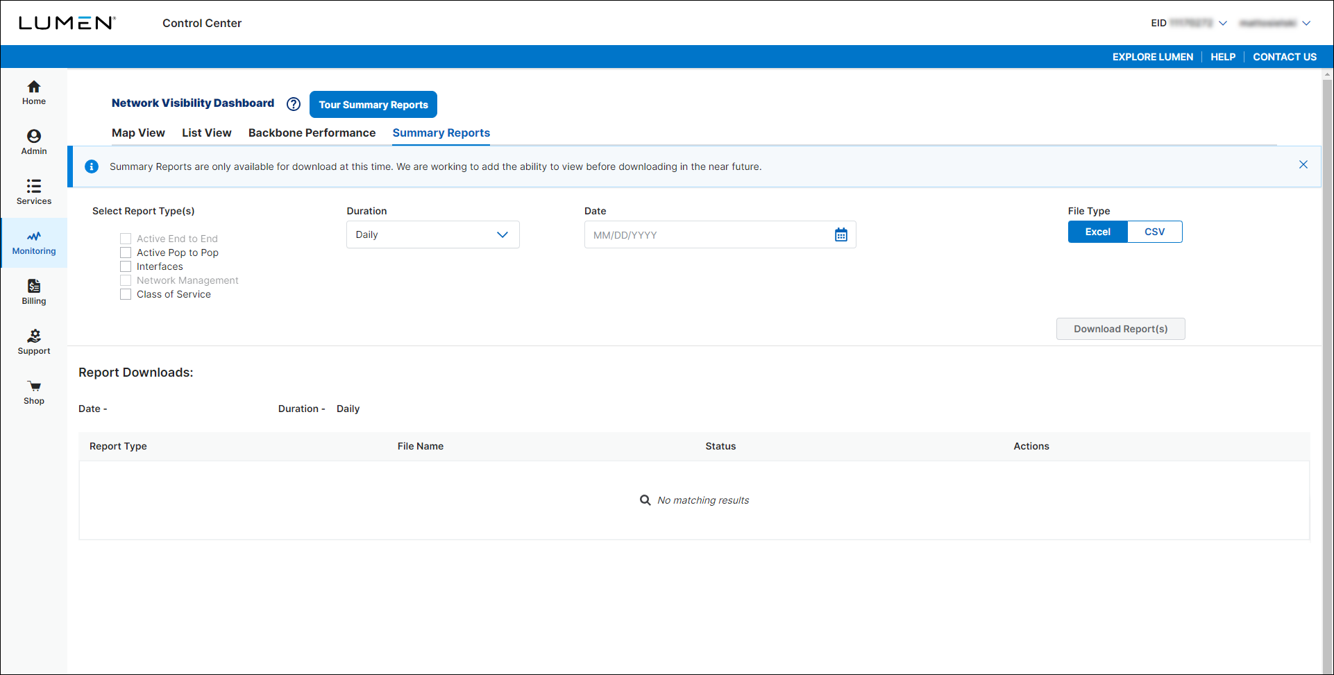 Network Visibility (showing Summary Reports)