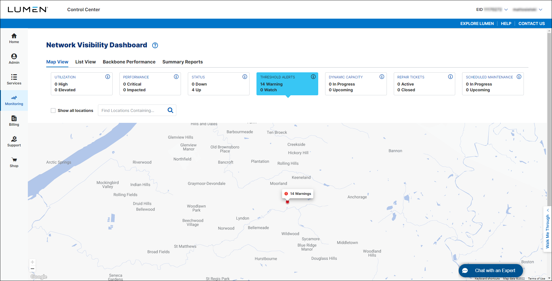 Network Visibility (showing Threshold Alerts tile)