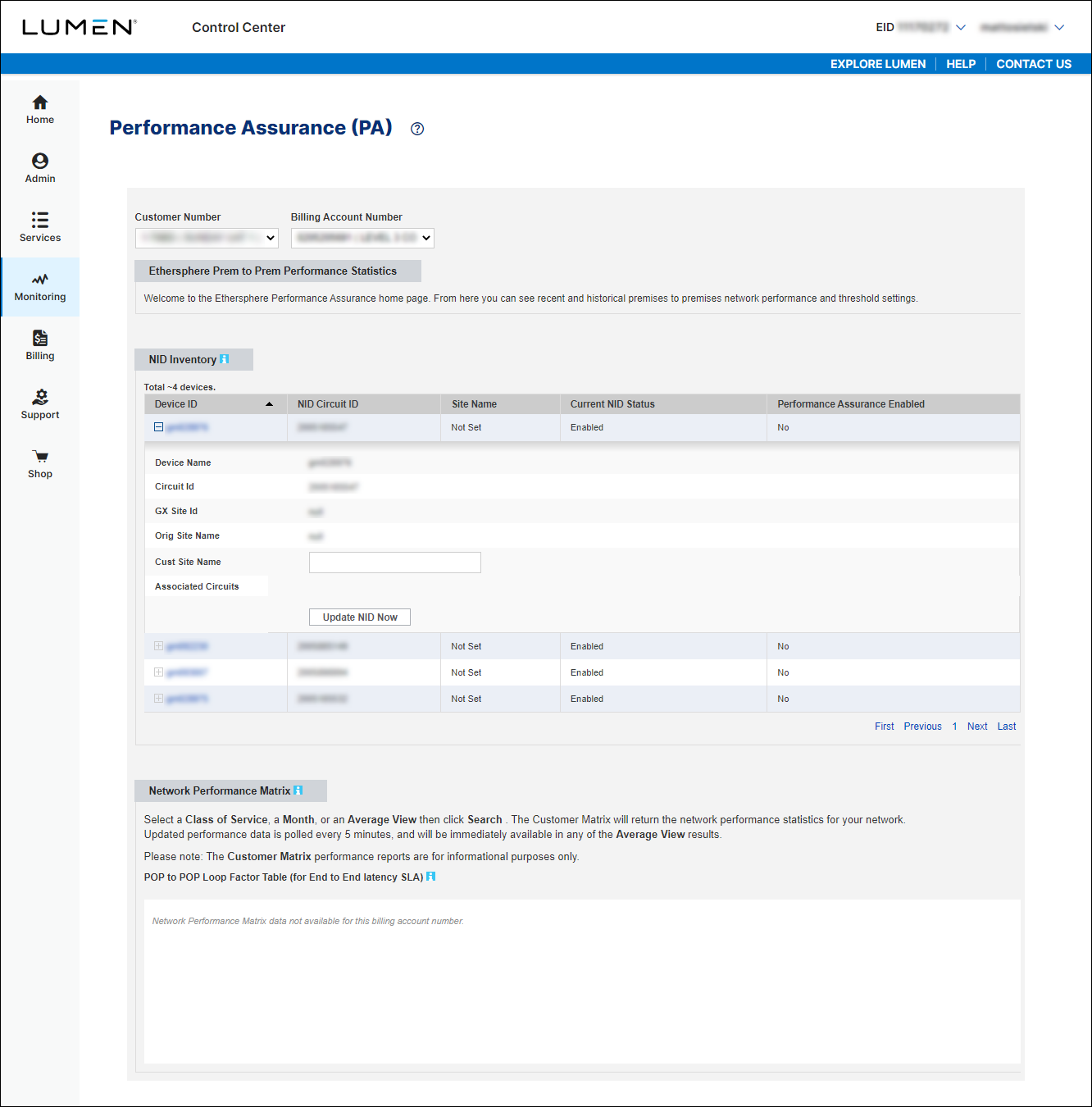 Performance Assurance (showing NID detail)