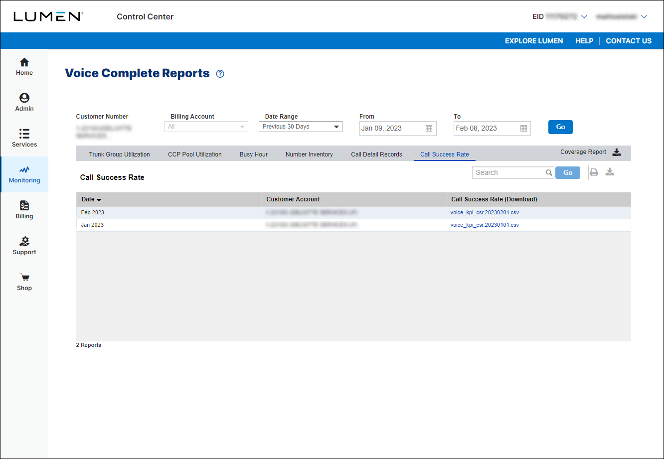 Voice Complete Reports (showing Call Success Rate)