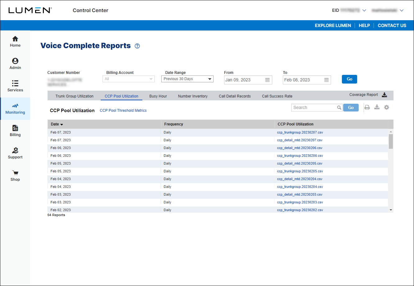 Voice Complete Reports (showing CCP Pool Utilization)