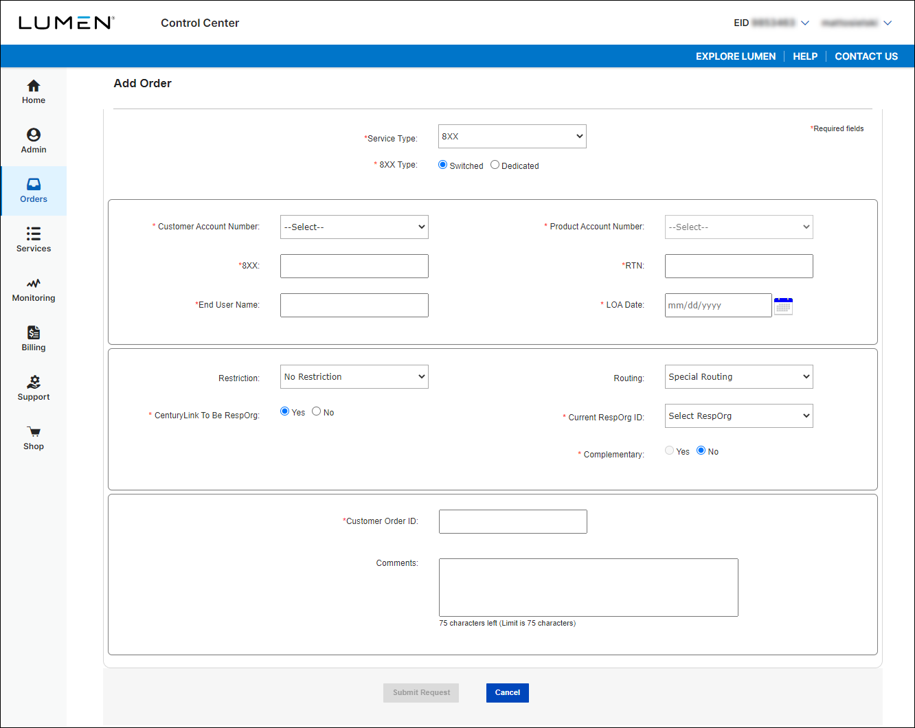 Add Order (showing 8XX and Switched selected)