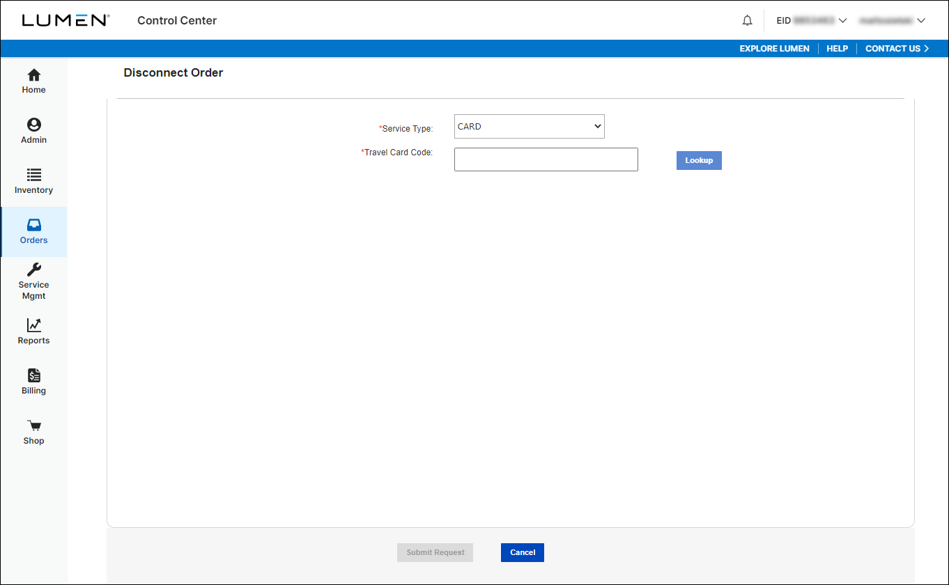 Disconnect Order (showing CARD selected)