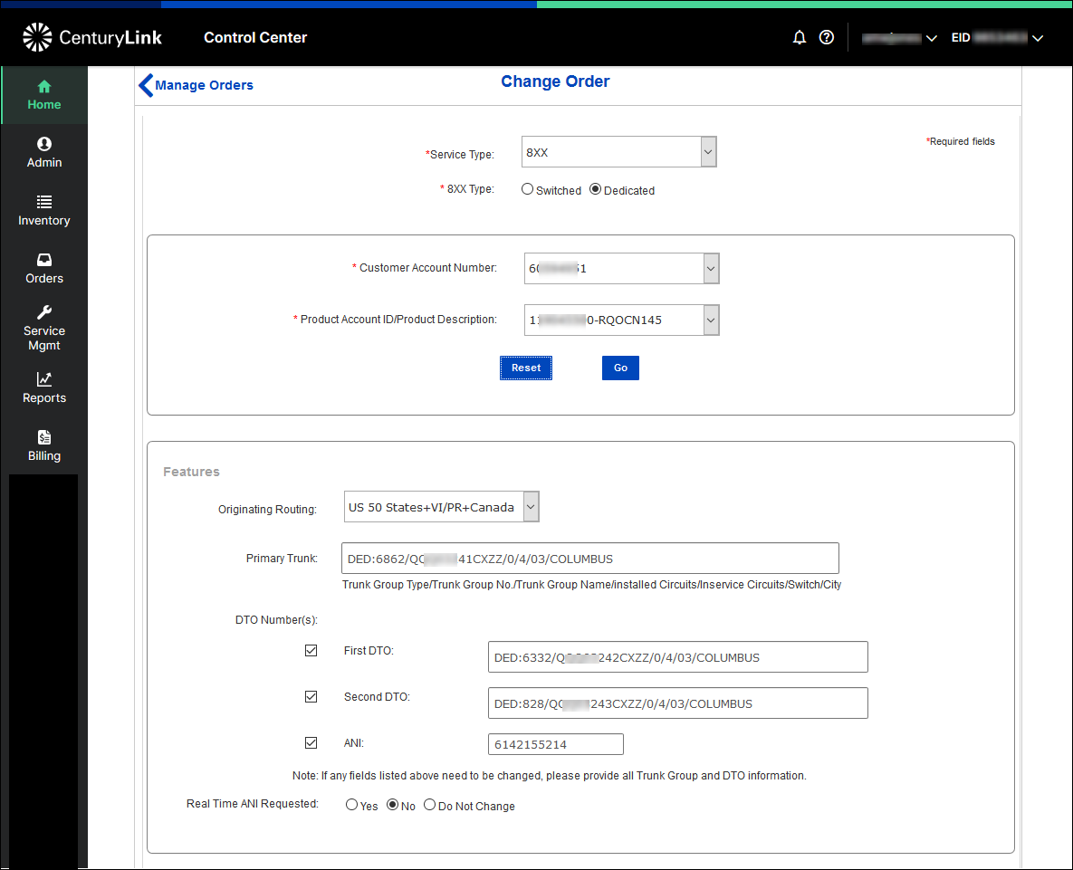 manage orders change 8xx dedicated dtfo features section example