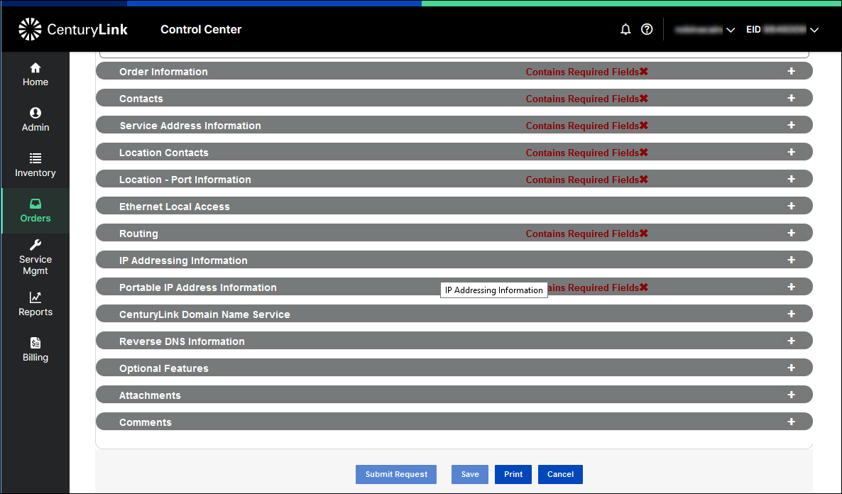 manage orders olof sections contains required fields