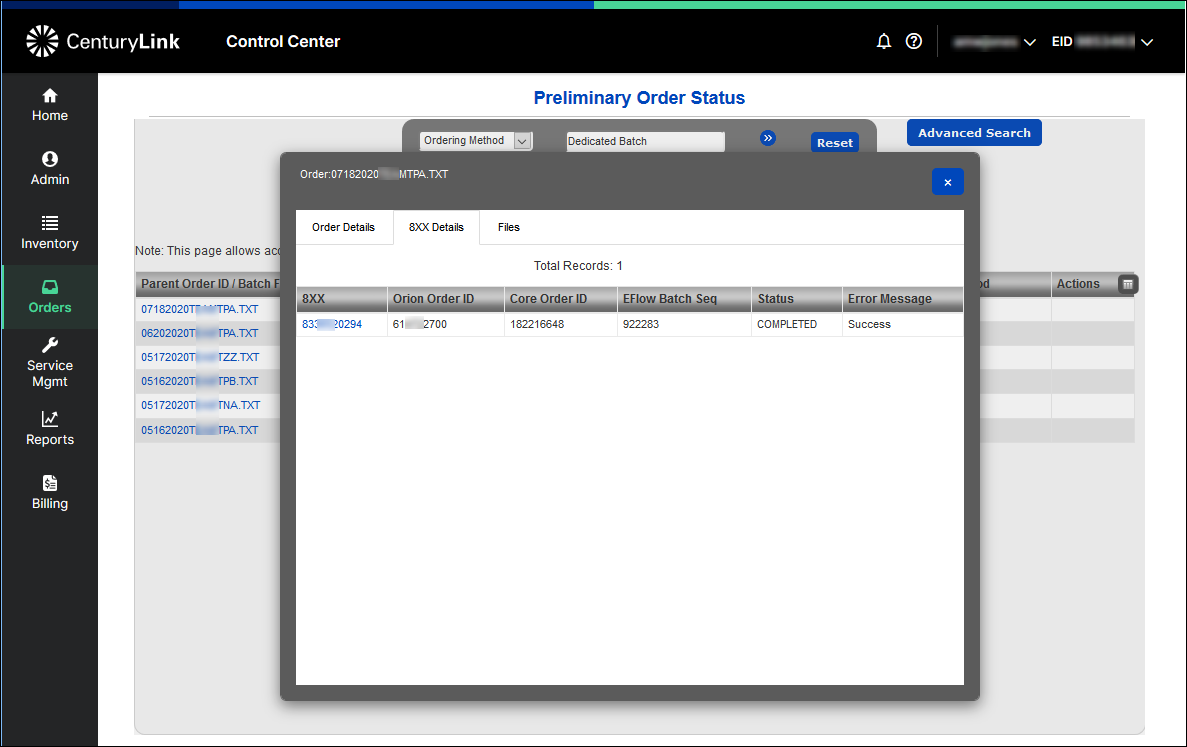 order status order status preliminary order status dedicated batch status 8xx details tab