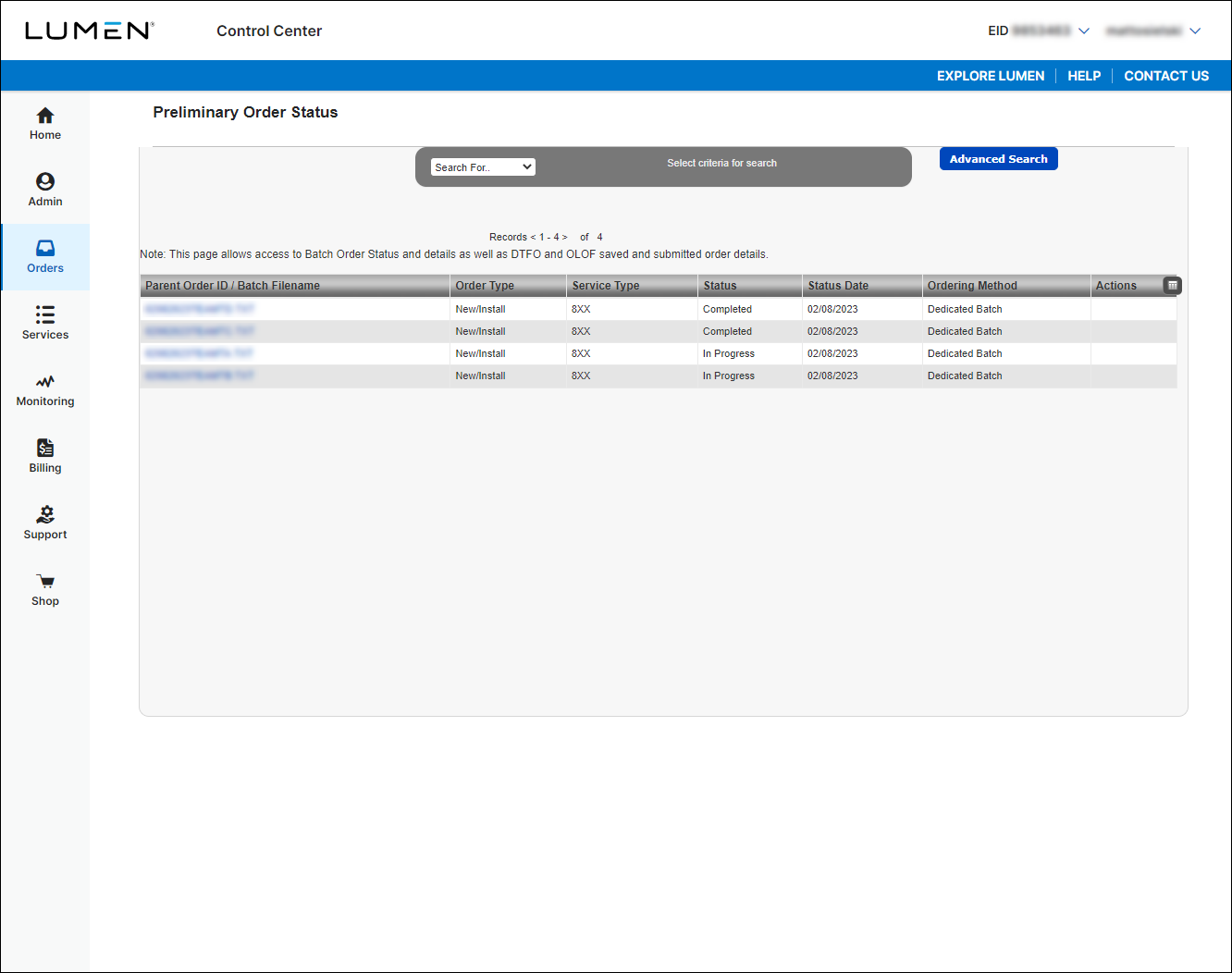 Preliminary Order Status