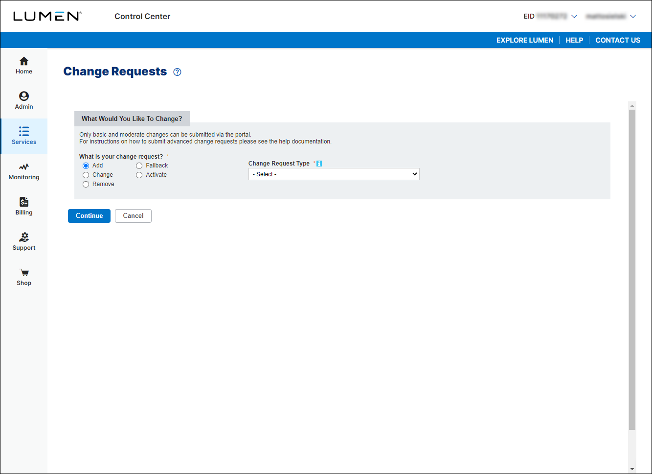 Change Requests (Managed Network Services selected)