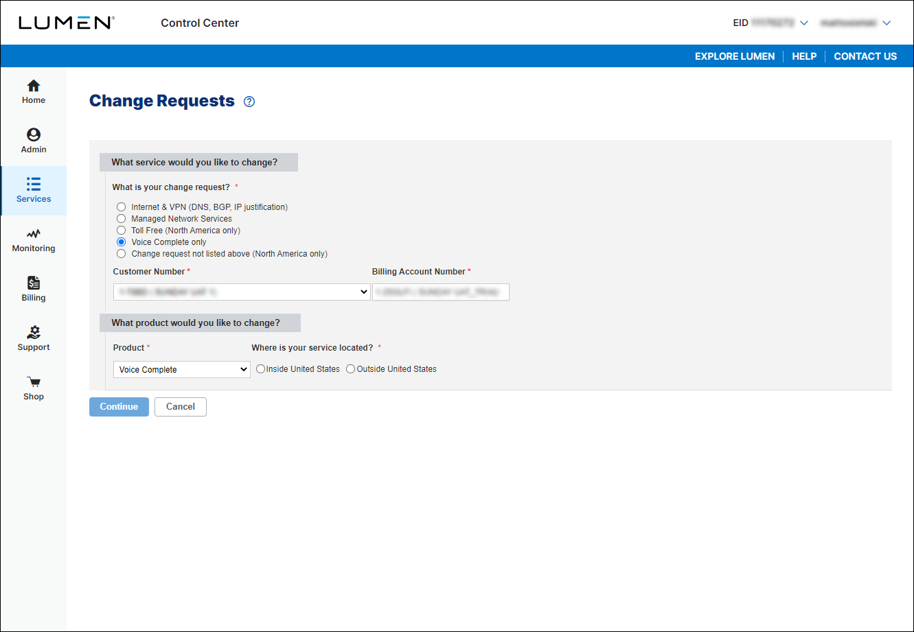 Change Requests (New Change Request for Voice Complete with customer number, billing account, and Voice Complete selected)