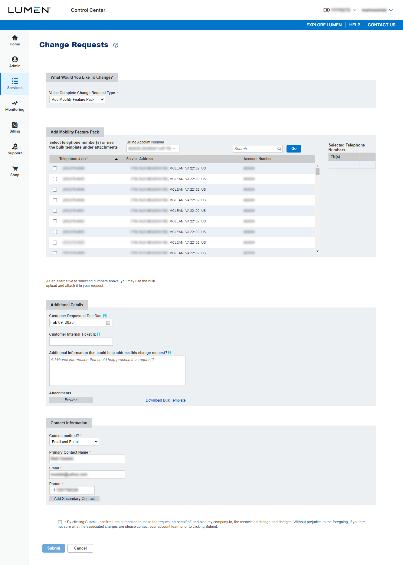 Change requests voice complete change request type add mobility feature pack selected