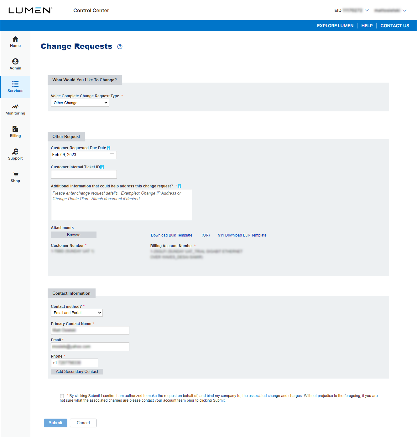 change requests voice complete change request type other change selected