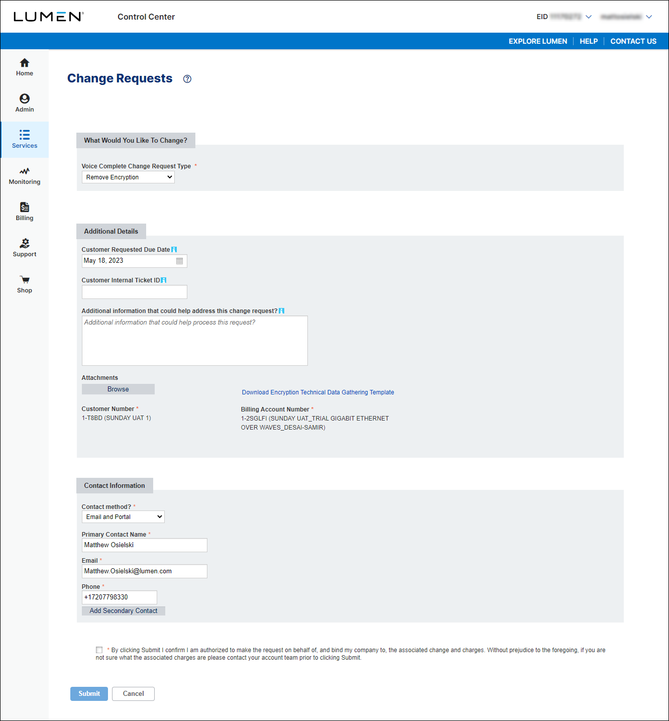 Change requests (showing remove encryption request for Voice Complete)