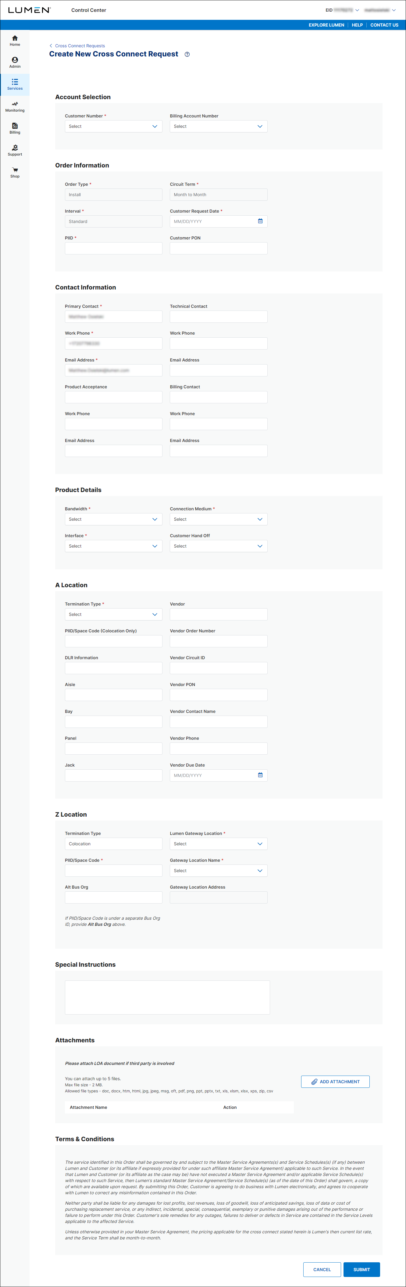 Create New Cross Connect Request