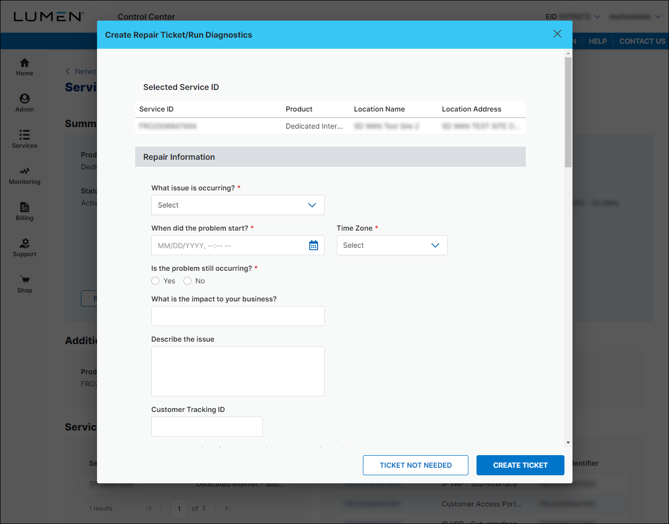 Create New Repair Ticket/Run Diagnostics (showing Repair Information section)