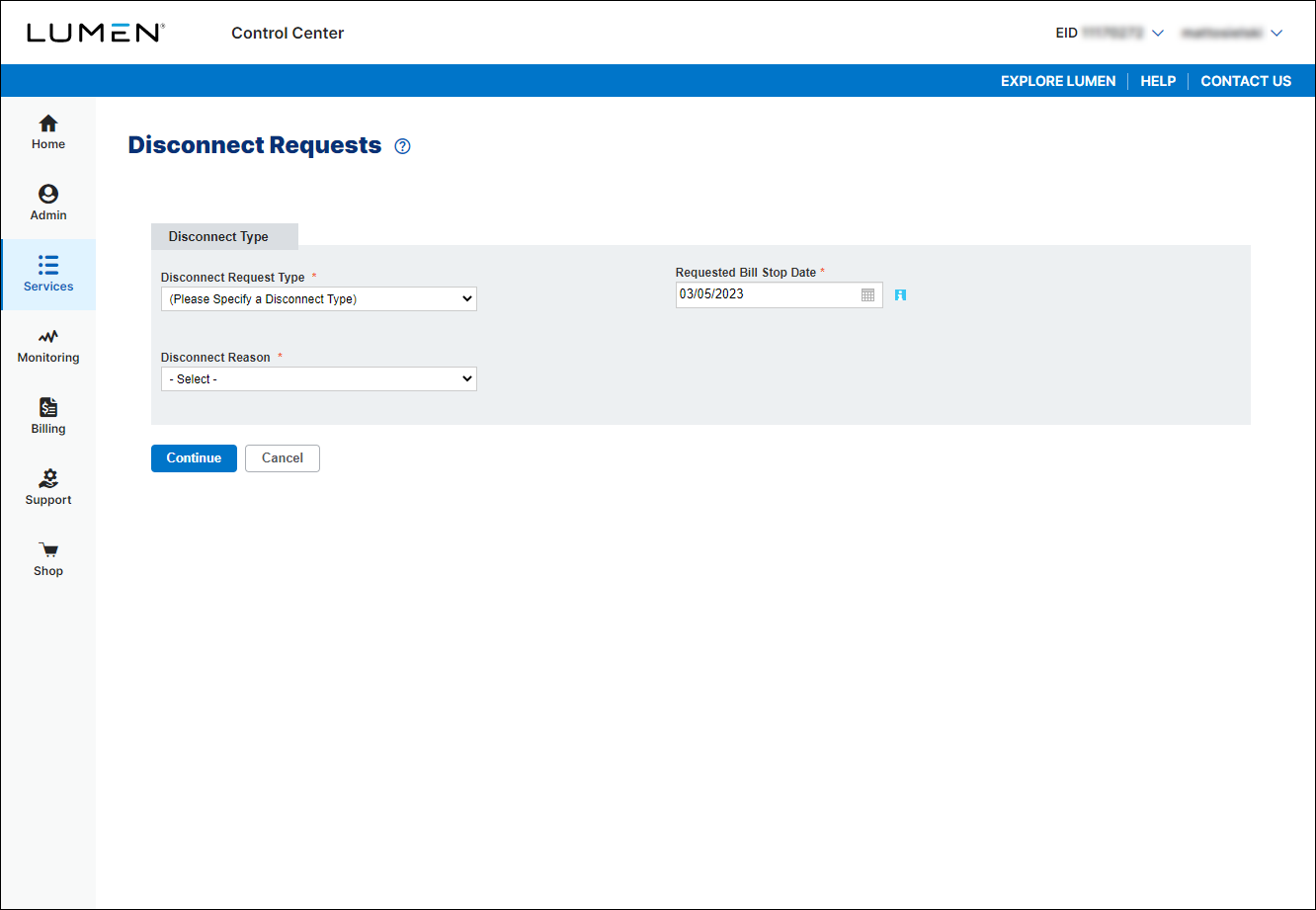 Disconnect Requests (showing new disconnect request)