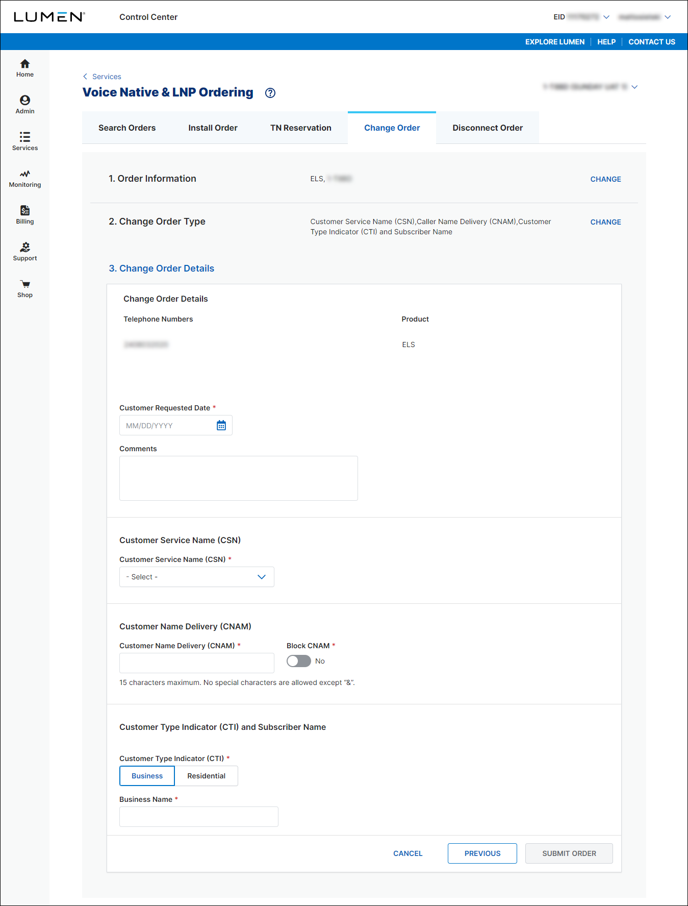 Voice Native & LNP Ordering (showing Change Order tab and Change Order Details section for ELS)