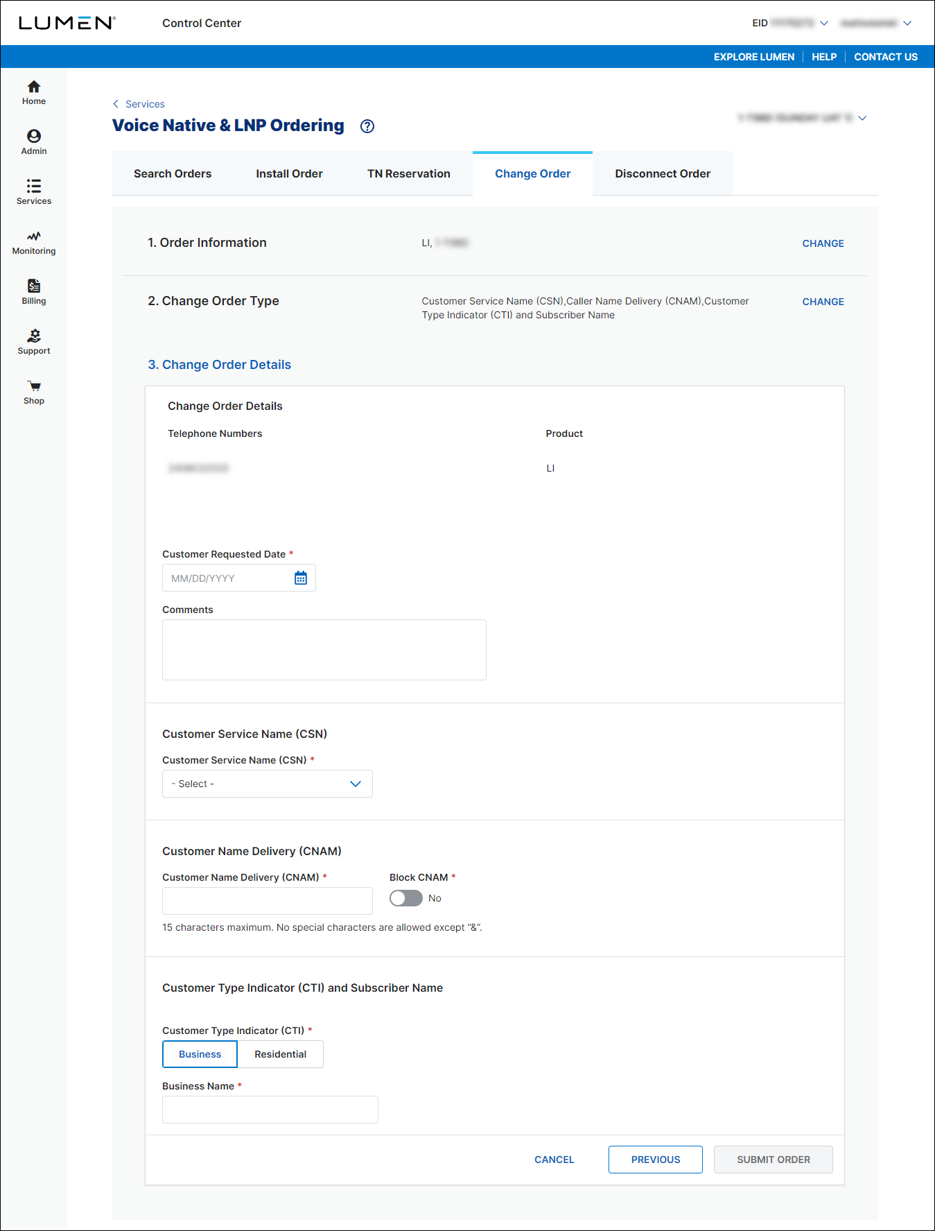 Voice Native & LNP Ordering (showing Change Order tab and Change Order Details section for LI)