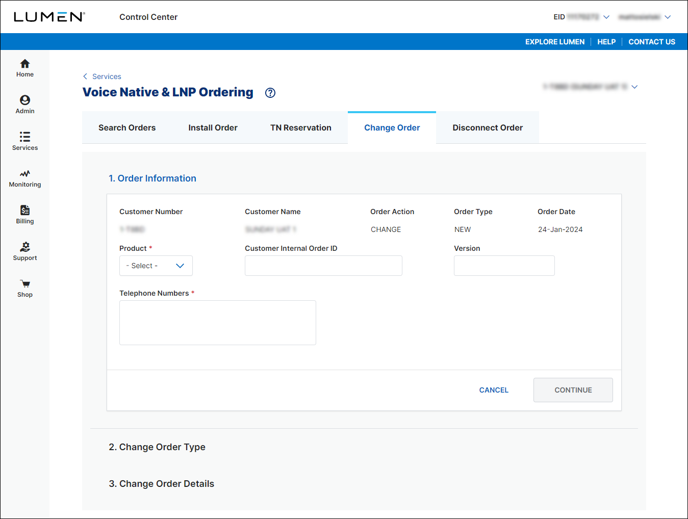 Voice Native & LNP Ordering (showing Change Order tab)