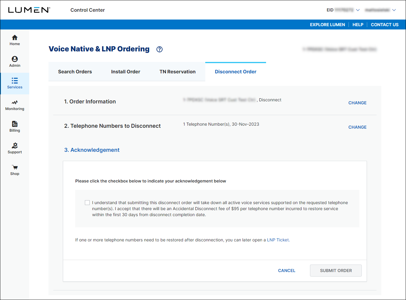 Voice Native & LNP Ordering (showing Disconnect Order tab and Acknowledgement section for LI)