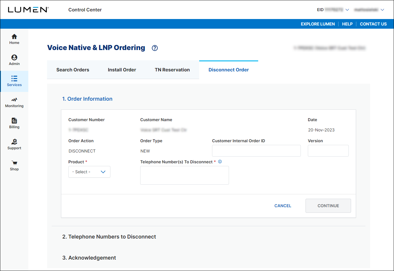 Voice Native & LNP Ordering (showing Disconnect Order tab)