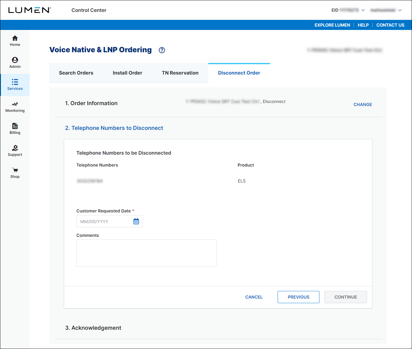 Voice Native & LNP Ordering (showing Disconnect Order tab and Telephone Numbers to Disconnect section for ELS)