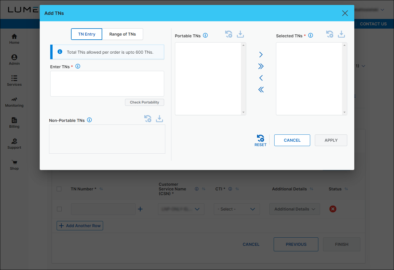 Voice Native & LNP Ordering (showing Add TNs window for port orders)