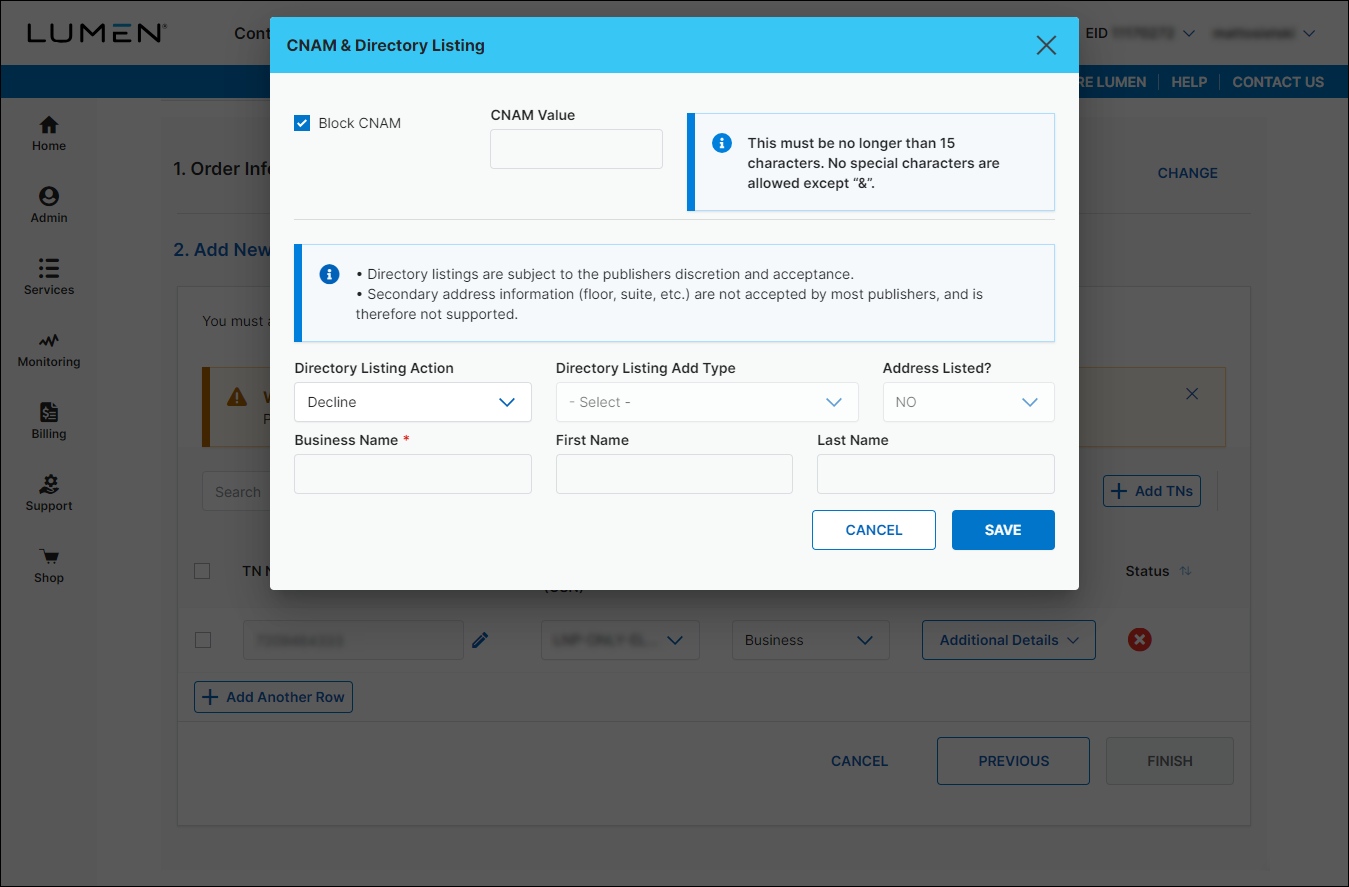 Voice Native & LNP Ordering (showing CNAM & Directory Listings window)