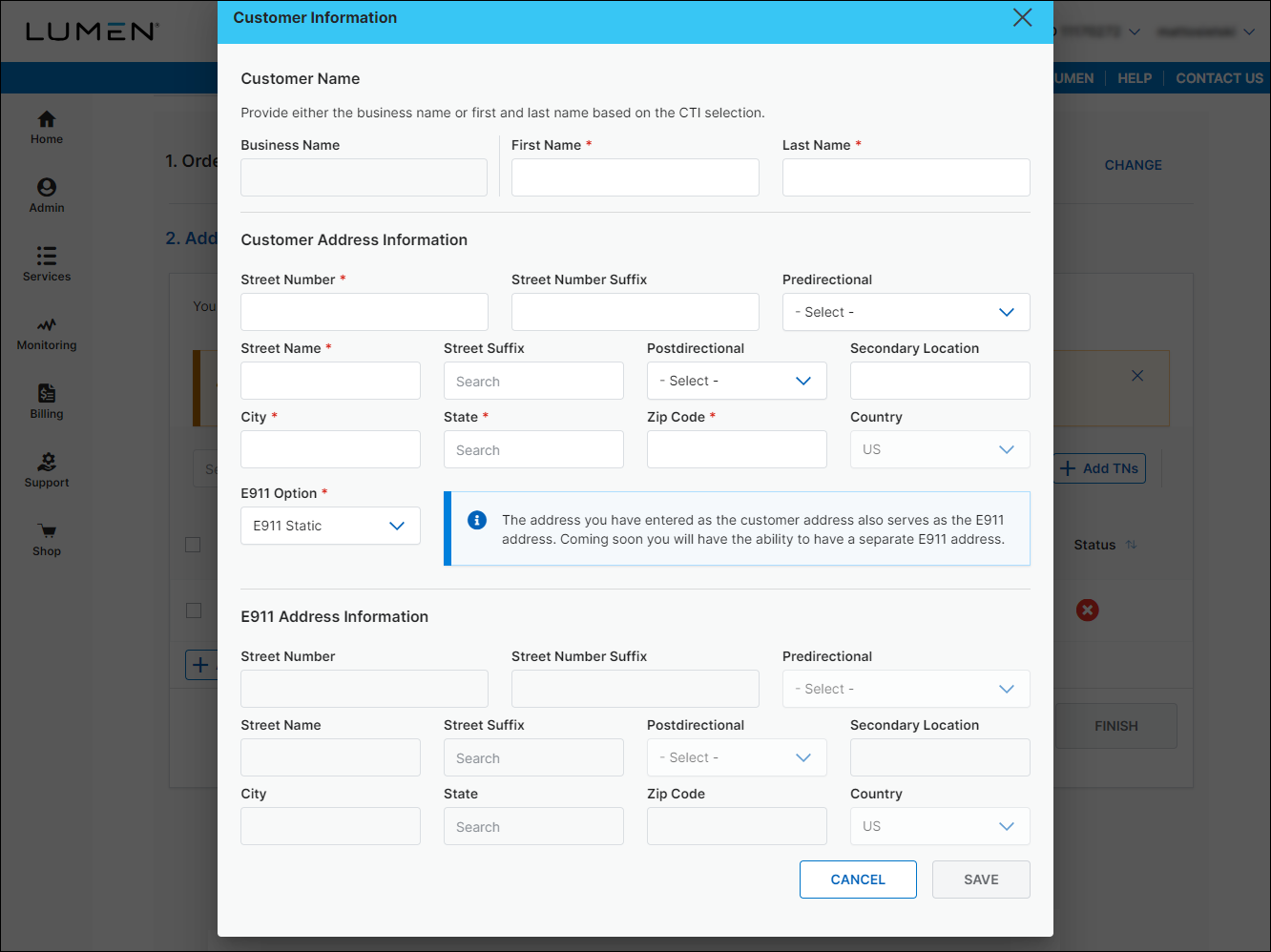 Voice Native & LNP Ordering (showing Customer Information window)