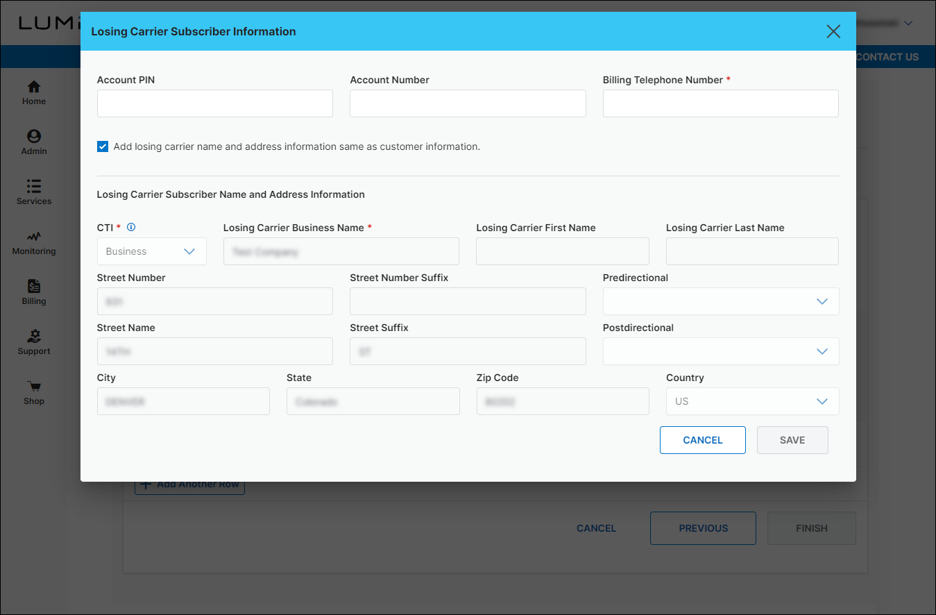 Voice Native & LNP Ordering (showing Losing Carrier Subscriber Information window)