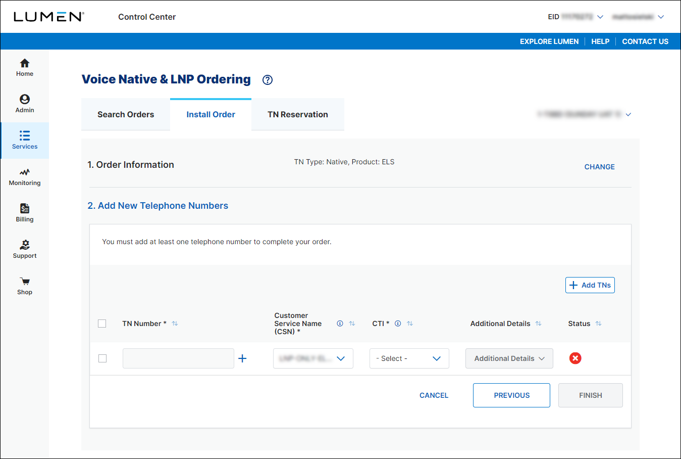 Voice Native & LNP Ordering (showing Install Order tab and Add New Telephone Numbers section for Native ELS)