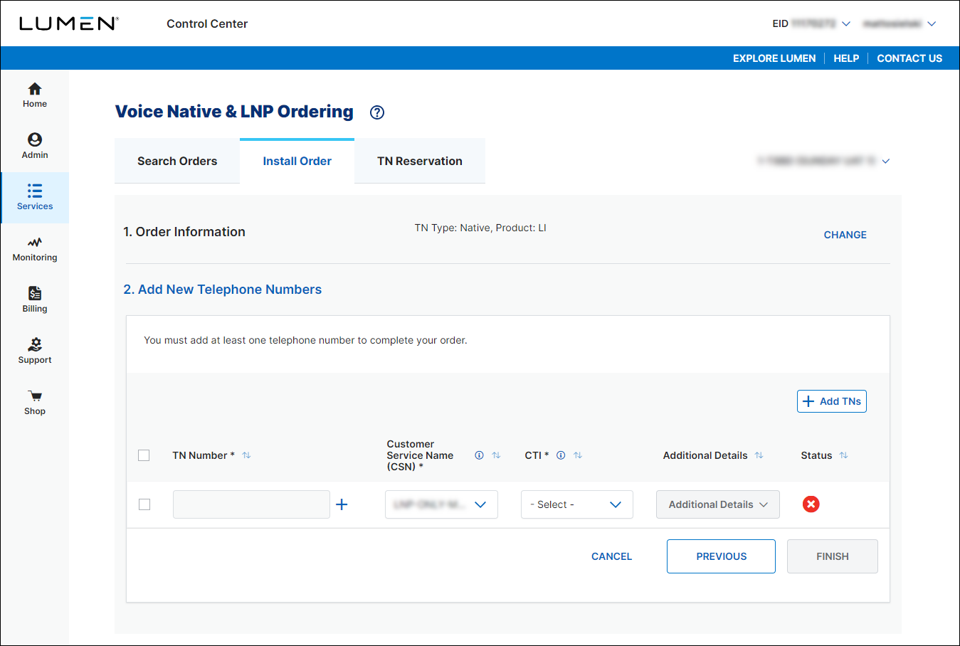 Voice Native & LNP Ordering (showing Install Order tab and Add New Telephone Numbers section for Native LI)