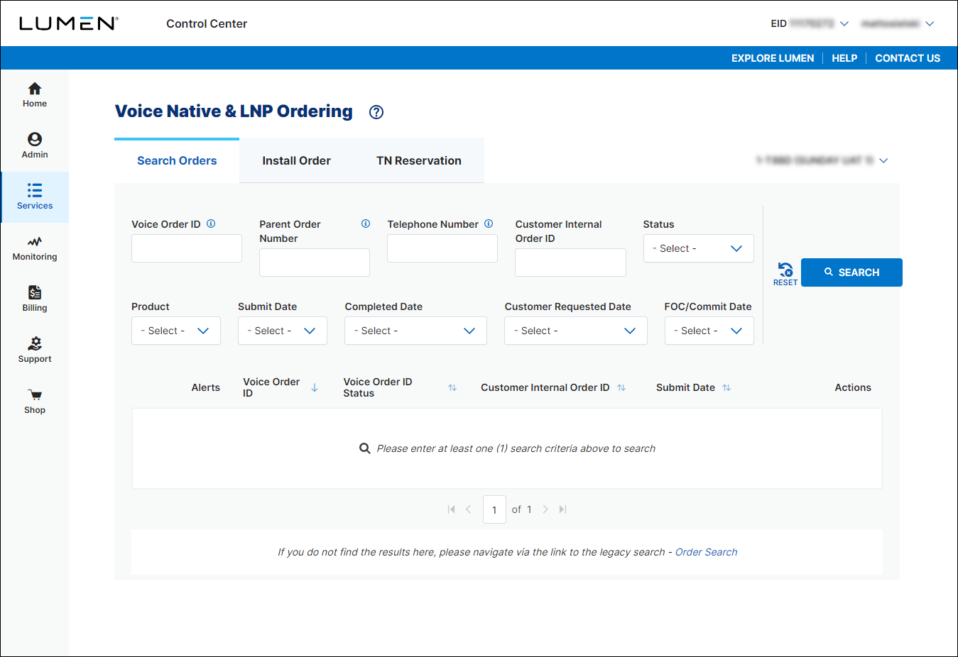 Voice Native & LNP Ordering (showing Search Orders tab)
