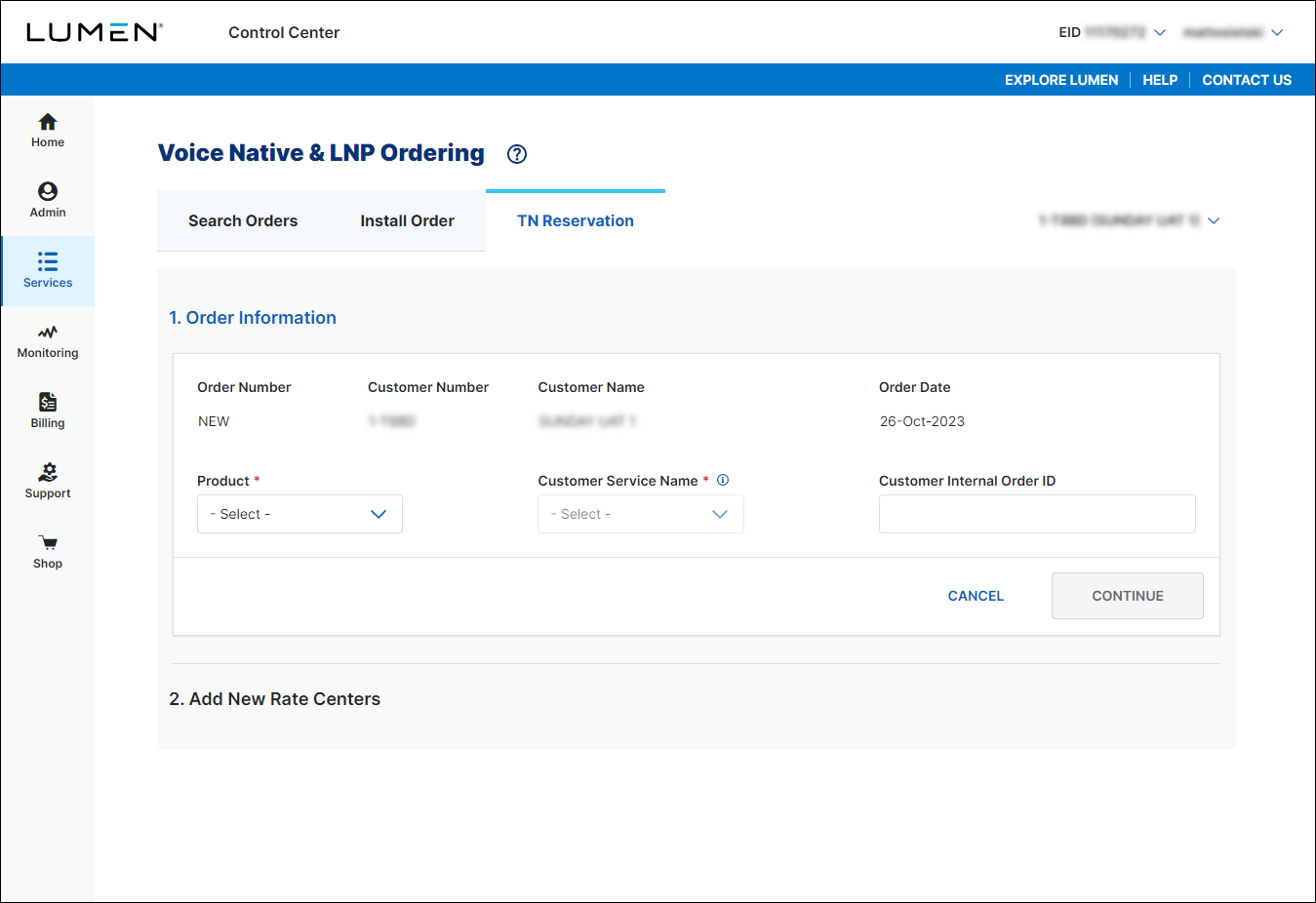 Voice Native & LNP Ordering (showing TN Reservation tab)