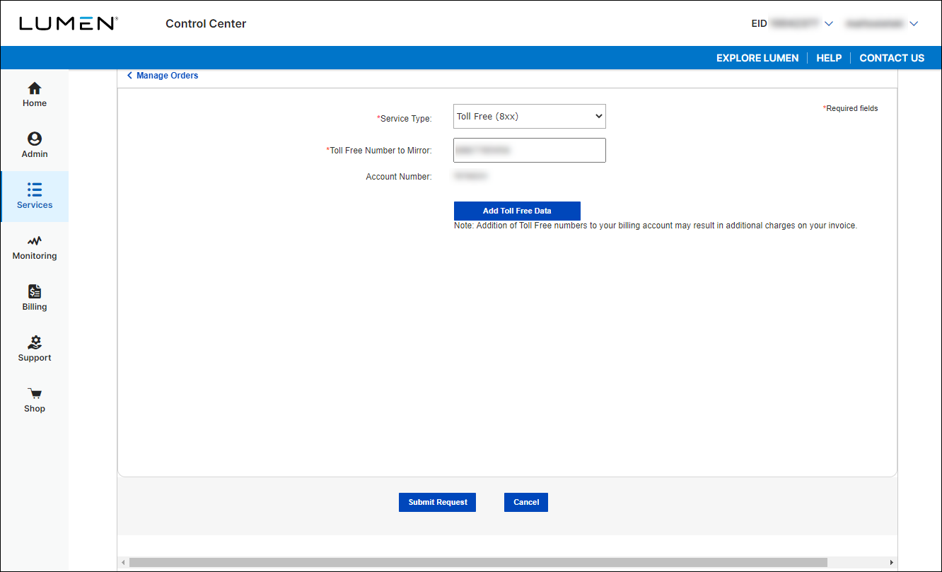 Initiate Add Order (showing Toll Free selected and number added)